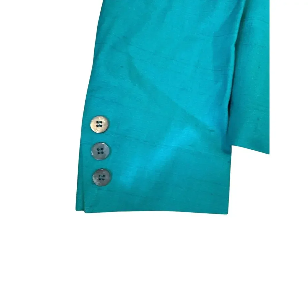 Vintage John Brooks 100% Silk Teal Two Piece Jacket Pleated Midi Skirt Set Sz10